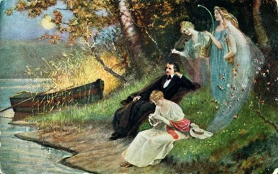Cartolina raffigurante Robert Schumann (1810-56) con Muse, c.1910